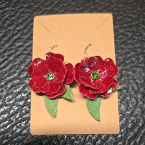 Red patent leather Rose earrings handmade Brand-new